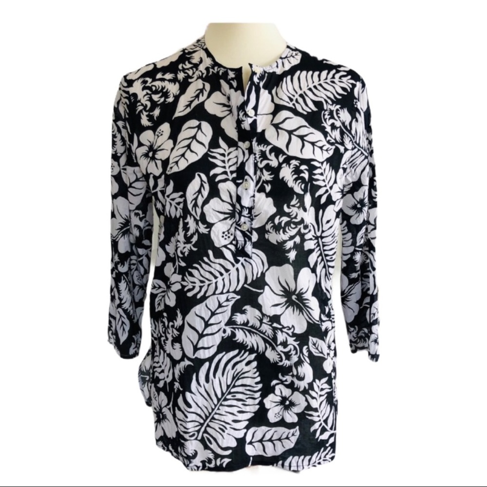 Lauren Ralph Lauren Tropical Palm Leaf Top Black White 100% Cotton